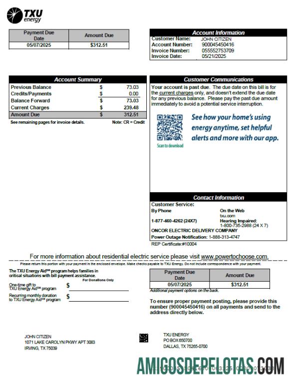 para download Modelo de fatura de serviços públicos de energia TXU dos EUA em formatos Word e PDF, versão 7
